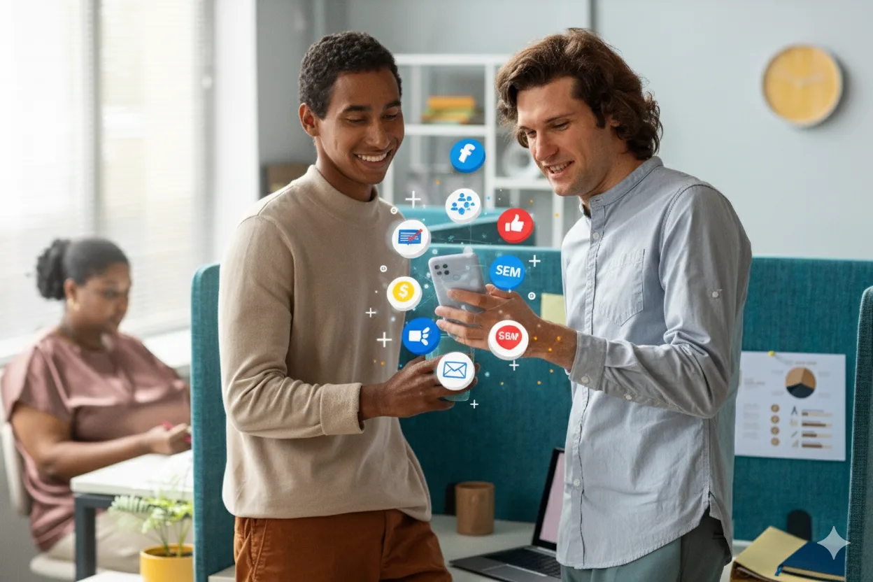 Two digital marketers are analyzing marketing strategies on a smartphone
