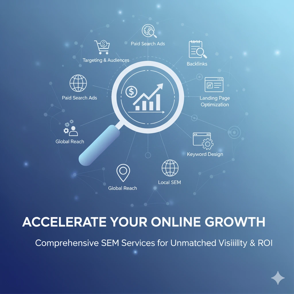 Graphic showing SEM components: Paid Search Ads, Backlinks, Optimization, Global Reach, and Local SEM, accelerating online growth.