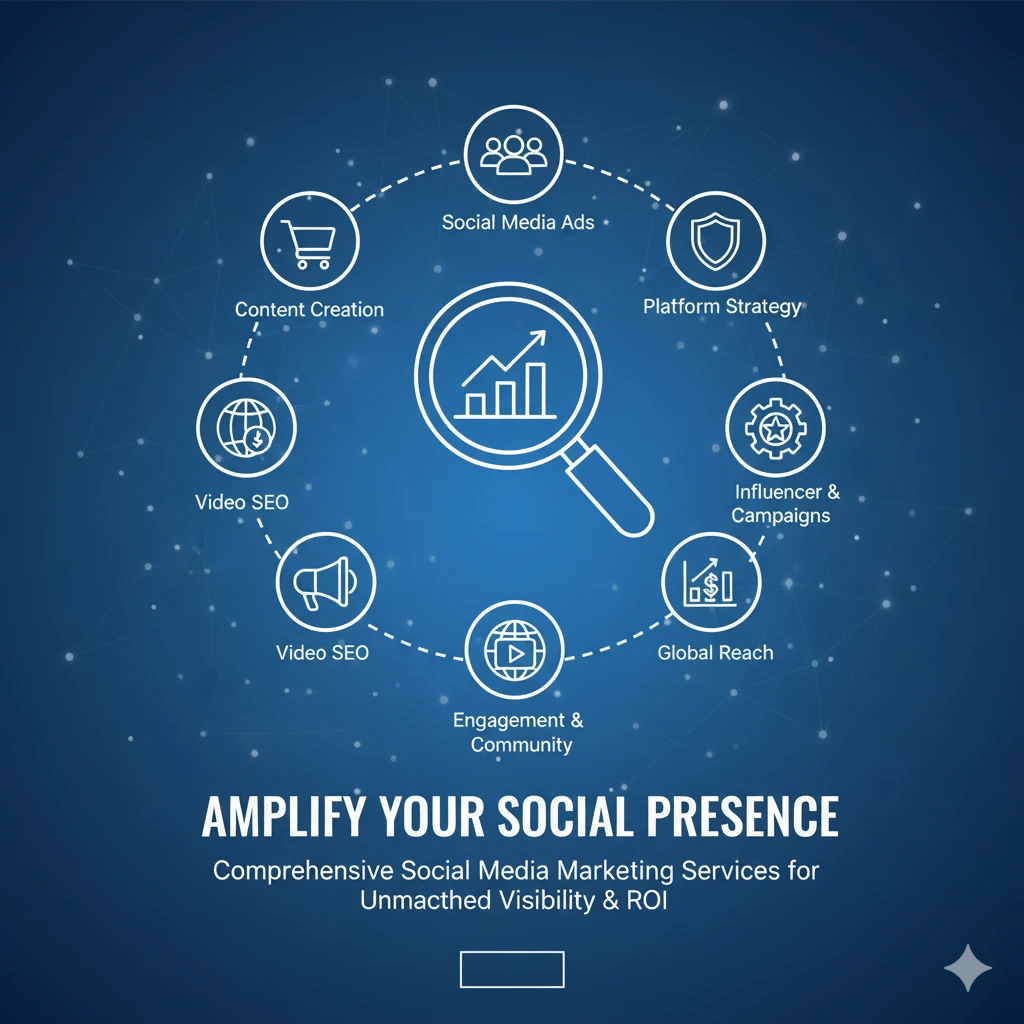Graphic showing Social Media Marketing components: Ads, Content Creation, Strategy, Video SEO, Influencer Campaigns, and Engagement.